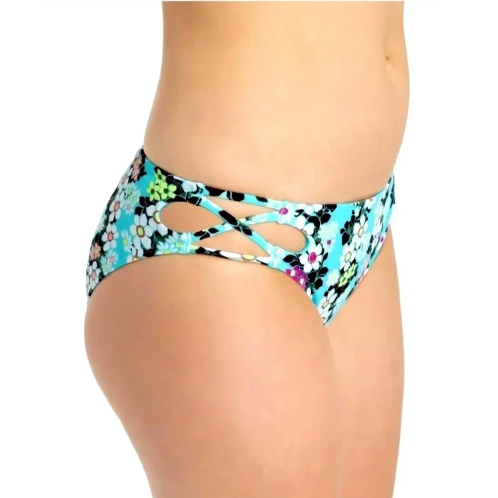 California Waves XS Bikini Bottom Strappy Hipster Cutout side Colorful Floral